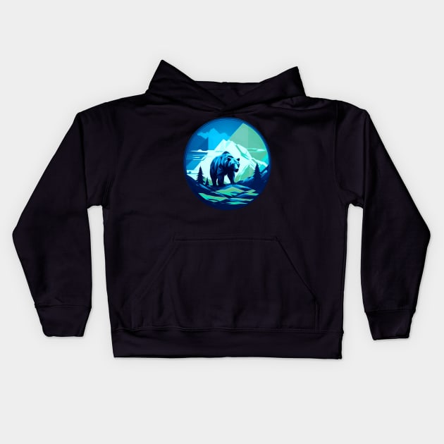 Geometric Bear In Ice Capped Mountains Kids Hoodie by Trip Tank